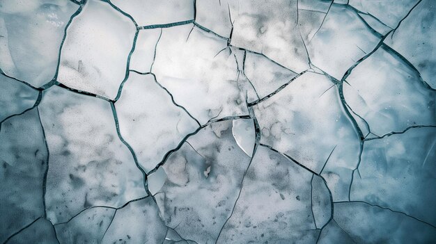 Foto sfondio dettagliato della consistenza di una sottile superficie di ghiaccio trasparente con crepe ghiacciate blu