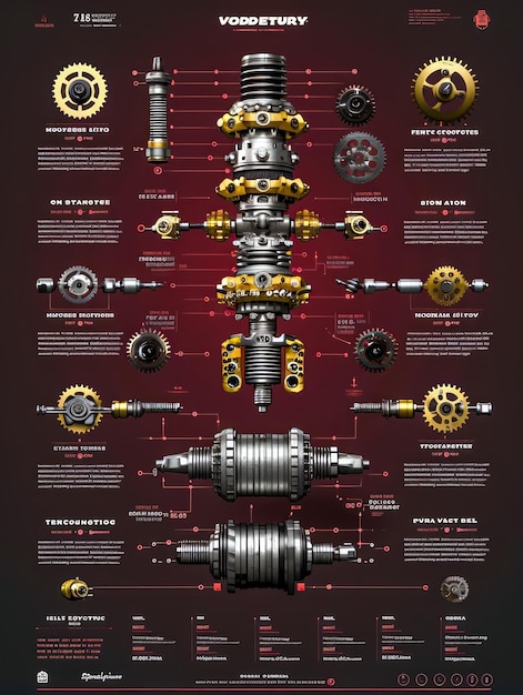 Photo detailed vector illustration of car engine parts exploded view with annotations on dark background