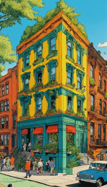 Photo detailed vibrant illustration of a nyc building full of plants trees by herge in the style of ti