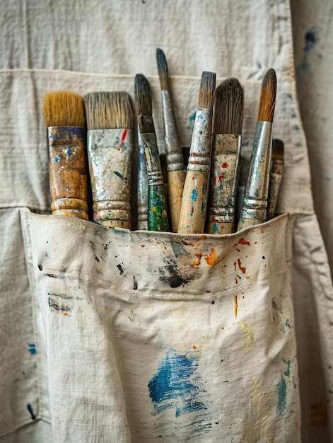 A detailed view of artists implements and paintbrushes tucked into a painters apron
