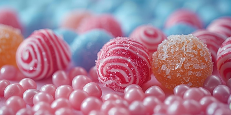 Photo a detailed view of assorted candy balls and candies in various colors and shapes