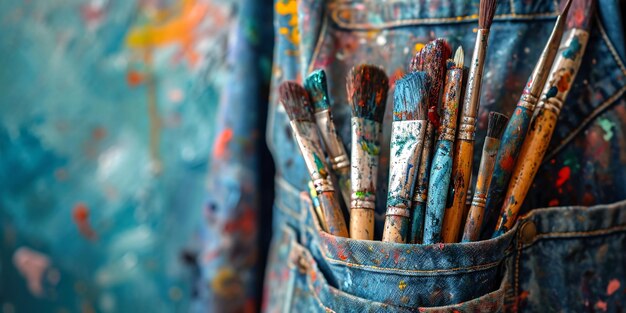 A detailed view of brushes and tools in a painters apron