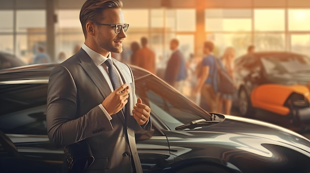 A detailed view of a car salesman in action