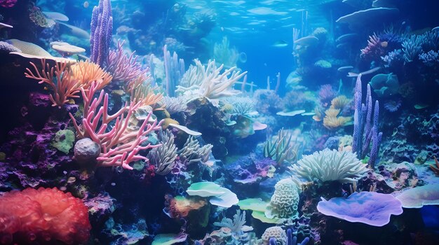 A detailed view of a colorful coral reef under the sea