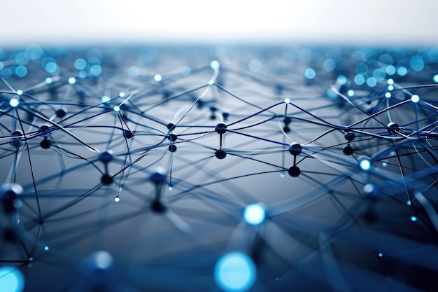 Подробный вид сложной паутины взаимосвязанных синих точек, представляющих цифровые сети и обмен информацией. Кластер сетевых узлов, показанный в минималистском стиле. Сгенерировано AI.