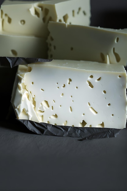 Детальный взгляд на вкусный сыр, нарезанный на кусочки, обостряющий чувства любителей хорошей еды, сгенерированный ИИ.