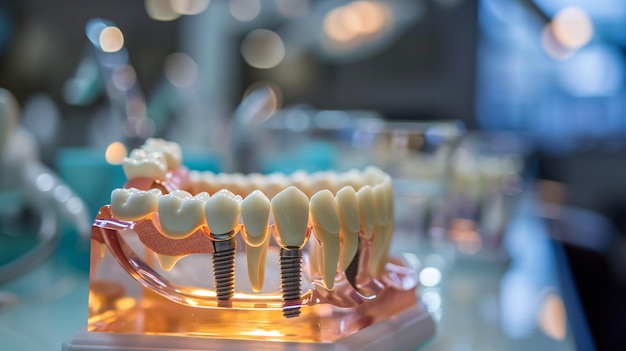 Детальный обзор модели зубного ряда с клиентом-имплантологом в стоматологическом кабинете на нефокусном фоне, идеи лечения зубов