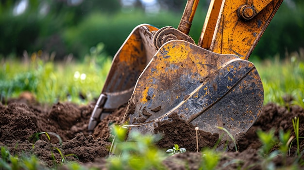 Detailed view of a diggers bucket on the lush lawn