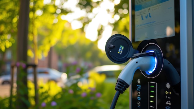 環境への影響の削減を示すスクリーンを搭載した電気自動車充電ステーションの詳細写真