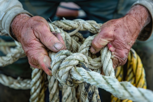 漁師 の 手 が 堅固 な ロープ を 握っ て いる こと の 詳細 な 見方 は,海上 の 結び目 の 複雑 さ を 示し て い ます