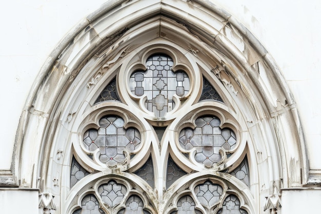 ゴシック様式の窓の詳細な眺めその複雑なトレーサリーと天候に耐えた石が純な白い背景に突出しています