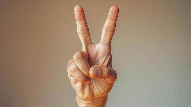 Photo the detailed view of a hand holding up two fingers against a neutral backdrop conveying a mess