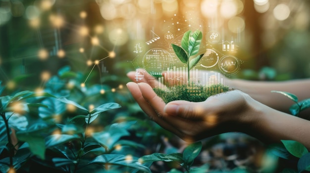 Detailed view of a hand illustrating a green investment strategy with global economic indicators surrounding