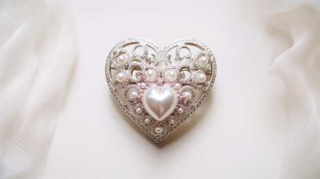 A detailed view of a heartshaped brooch encrusted with tiny crystals and pearls making it a