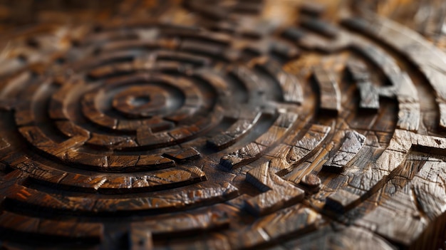 Detailed view of an intricate wooden labyrinth carved with precision
