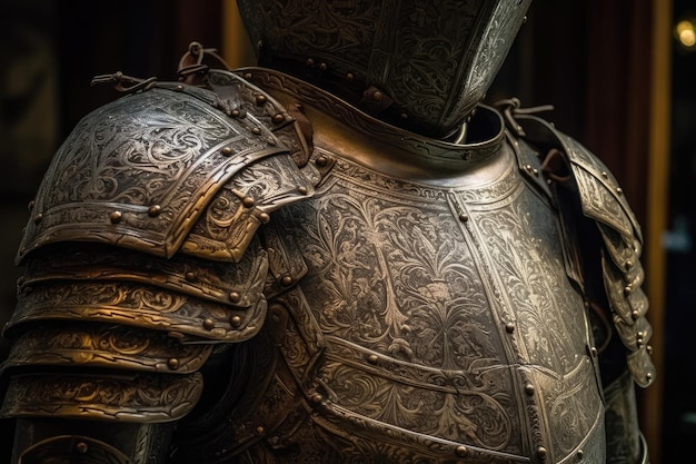 Detailed view of a medieval suit of armor on display in a museum Generative AI