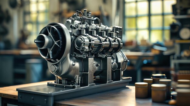 Детальное изображение современного двигателя, производимого на заводе, демонстрирующего сложный дизайн и высокотехнологичные элементы