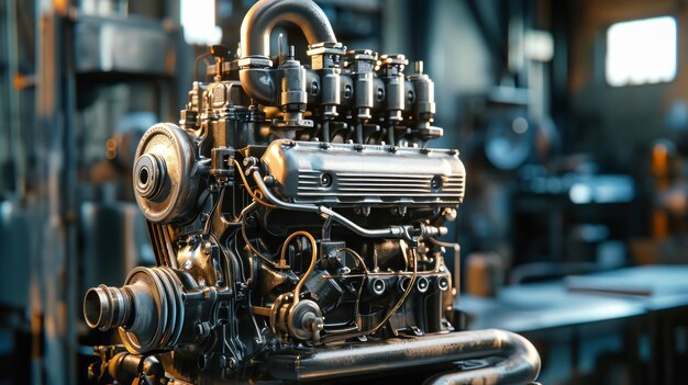 Детальное изображение современного двигателя, производимого на заводе, демонстрирующего сложный дизайн и высокотехнологичные элементы