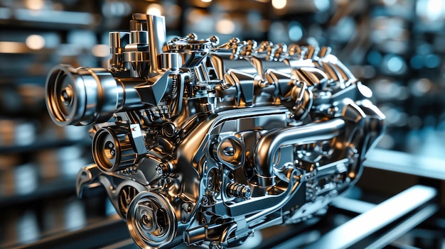 A detailed view of a modern engine on a conveyor belt at a factory during the production process showcasing hightech design elements