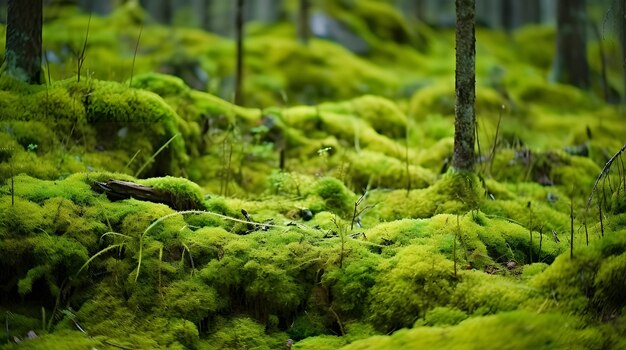 A detailed view of a moss covered forest floor with vibrant green hues