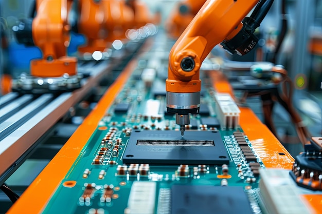 A detailed view of a motherboard with a robot placed on it showcasing electronic components in a man