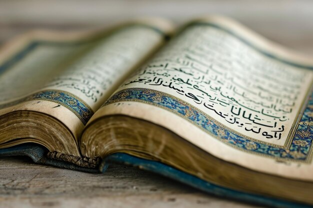 Подробный вид открытой книги, расположенной на прочном столе. Открытая книга со словом "Ислам", написанным изящным шрифтом, означающим знание и мудрость.