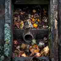 Photo detailed view of open compost bin with active decomposition