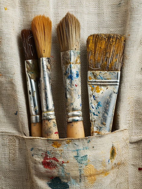 A detailed view of paintbrushes and artists implements in the pouch of a painters attire