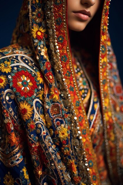 パキスタンの織物の詳細な写真で手で刺<unk>されたパターンが描かれています