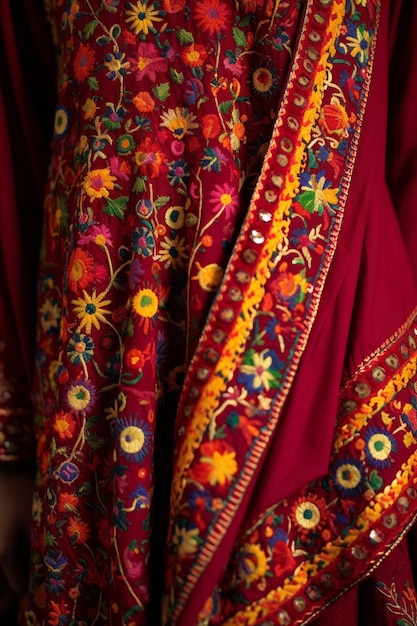 Photo a detailed view of a pakistani fabric with handembroidered patterns