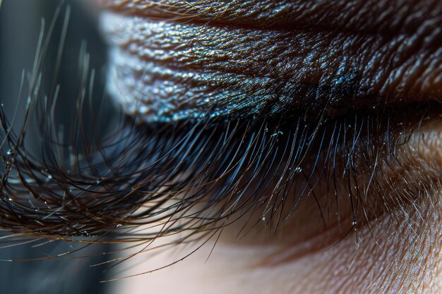 Foto una vista dettagliata dell'occhio di una persona con fili di capelli lunghi attorno ad esso closeup di una consistenza delle ciglia ai generato