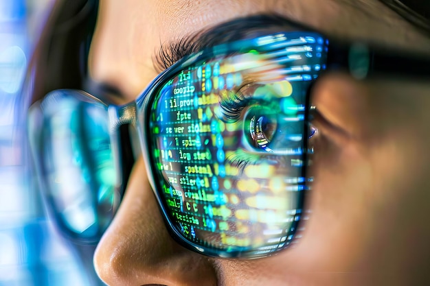 Detailed view of a persons face with glasses and focused eyes into a computer monitor