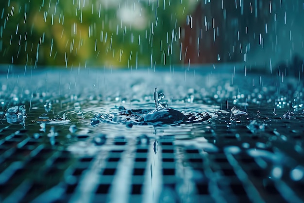 A detailed view of a rain shower capturing the individual water droplets in motion A raindrop falling on a nanoengineered waterproof surface AI Generated