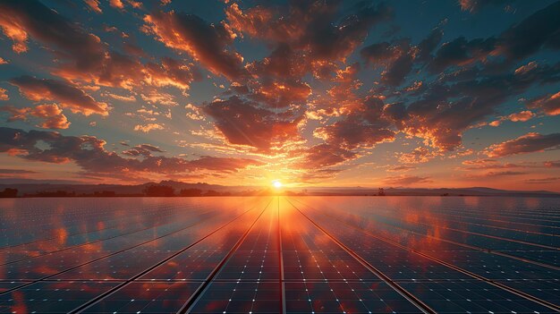 太陽パネルの美しさとクリーンエネルギー発電の効率を強調する夕暮れの太陽光発電所の詳細な景色