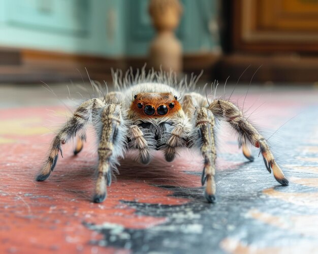 Photo detailed view of spider crawling on the ground generative ai