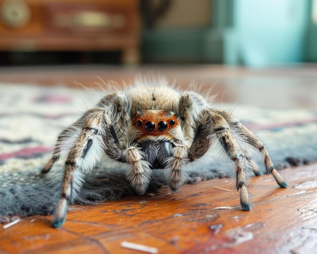 Photo a detailed view of a spider crawling on a rug generative ai