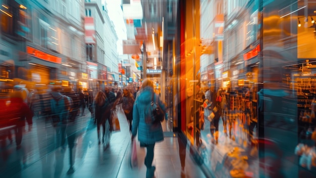 Detailed view of a storefront window in a busy shopping district reflections of diverse shoppers