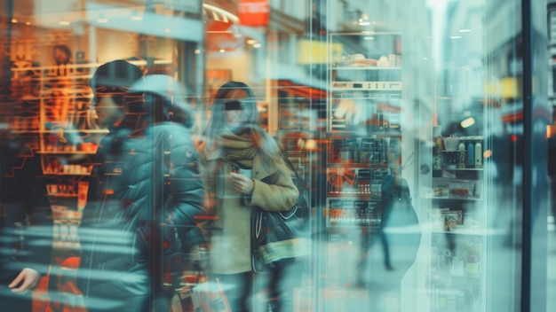 Photo detailed view of a storefront window in a busy shopping district reflections of diverse shoppers