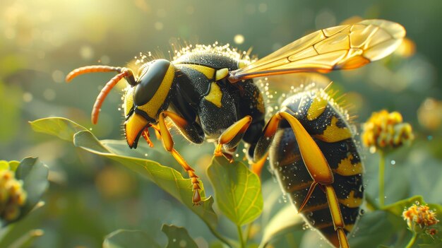 Photo detailed view of a wasps body with wing patterns clear against a blurred garden