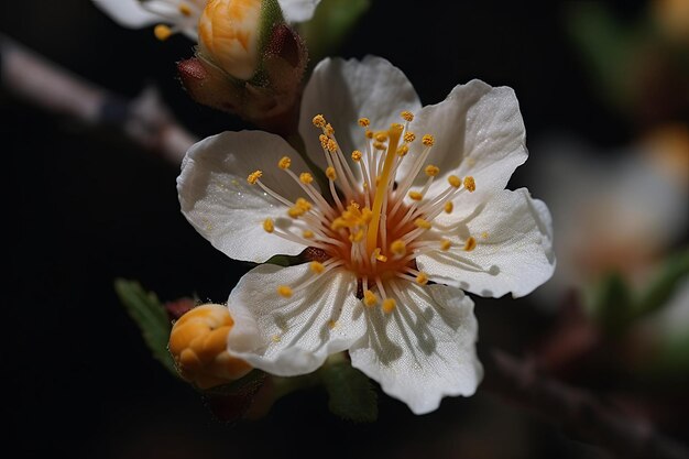 黄色い花がついた白い花のアプリコットの詳細な写真開花のクローズアップ