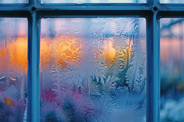A detailed view of a window covered in frost showcasing intricate frost patterns Icy crystals forming on the glasswork of a vibrant winter greenhouse AI Generated