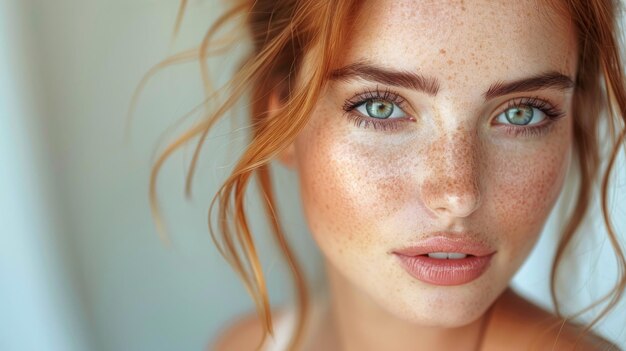 Detailed view of a womans face with visible freckles in her hair