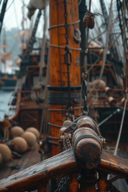 Foto una vista dettagliata di una nave in legno con dettagli intricati di corde perfetta per progetti nautici o marittimi