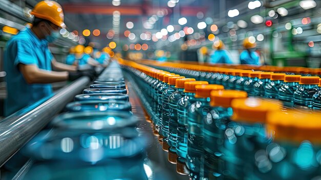 Detailed view of workers operating and monitoring machinery on the production line emphasizi