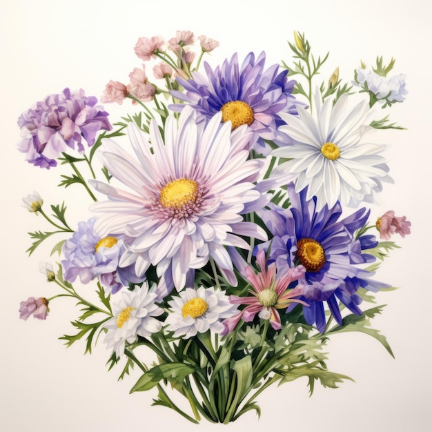 Photo detailed watercolor aster bouquet vintage americana floral illustration