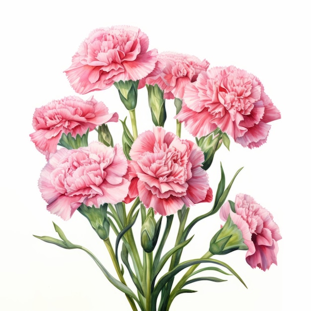 Detailed Watercolor Carnation Bouquet 1960s Dutch Botanical Art