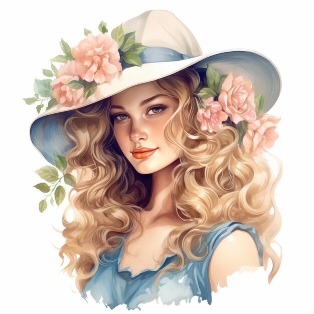 Detailed Watercolor Clipart Of Chairwomen With Lush Curls And Flower Hat