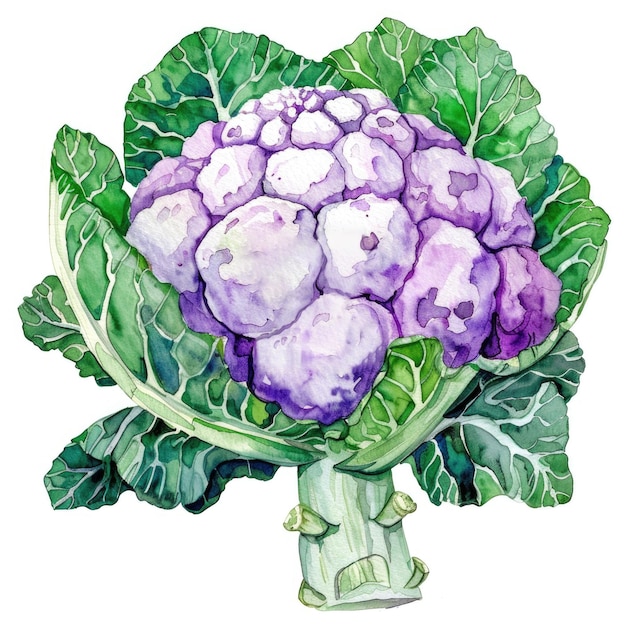 A detailed watercolor illustration of a purple cauliflower with its rich colors