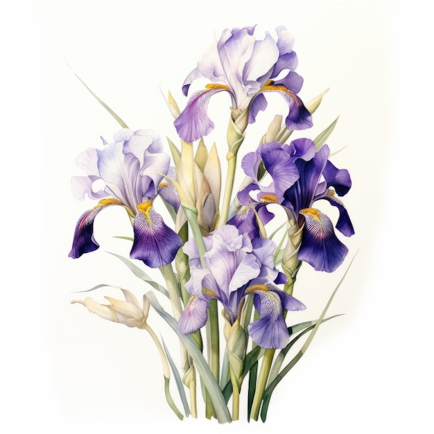 Detailed Watercolor Iris Bouquet Naturalistic Botanical Art From 1960s Dutch Watercolor