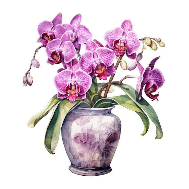 Detailed Watercolor Orchids In Vase Accurate And Realistic Floral Art